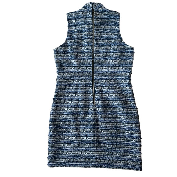 Tyler Boe Tweed High Neck Sleeveless Sheath Dress Fringe Blue Gold Size 8 - Picture 4 of 9